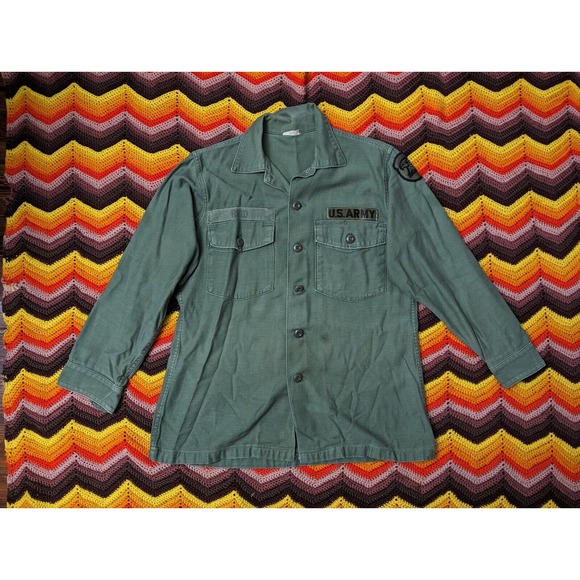 vtg 60s US Army Military Shirt men's 15.5 medium og-107 sateen vietnam reid G404 - Picture 1 of 14